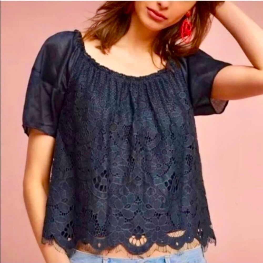 Anthro Messina Lace Puff Sleeve Top
